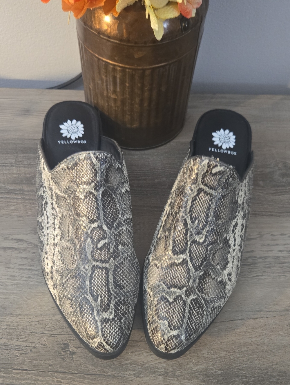 Yellow Box Snakeskin Print Slip-On Mules in Gray and Cream